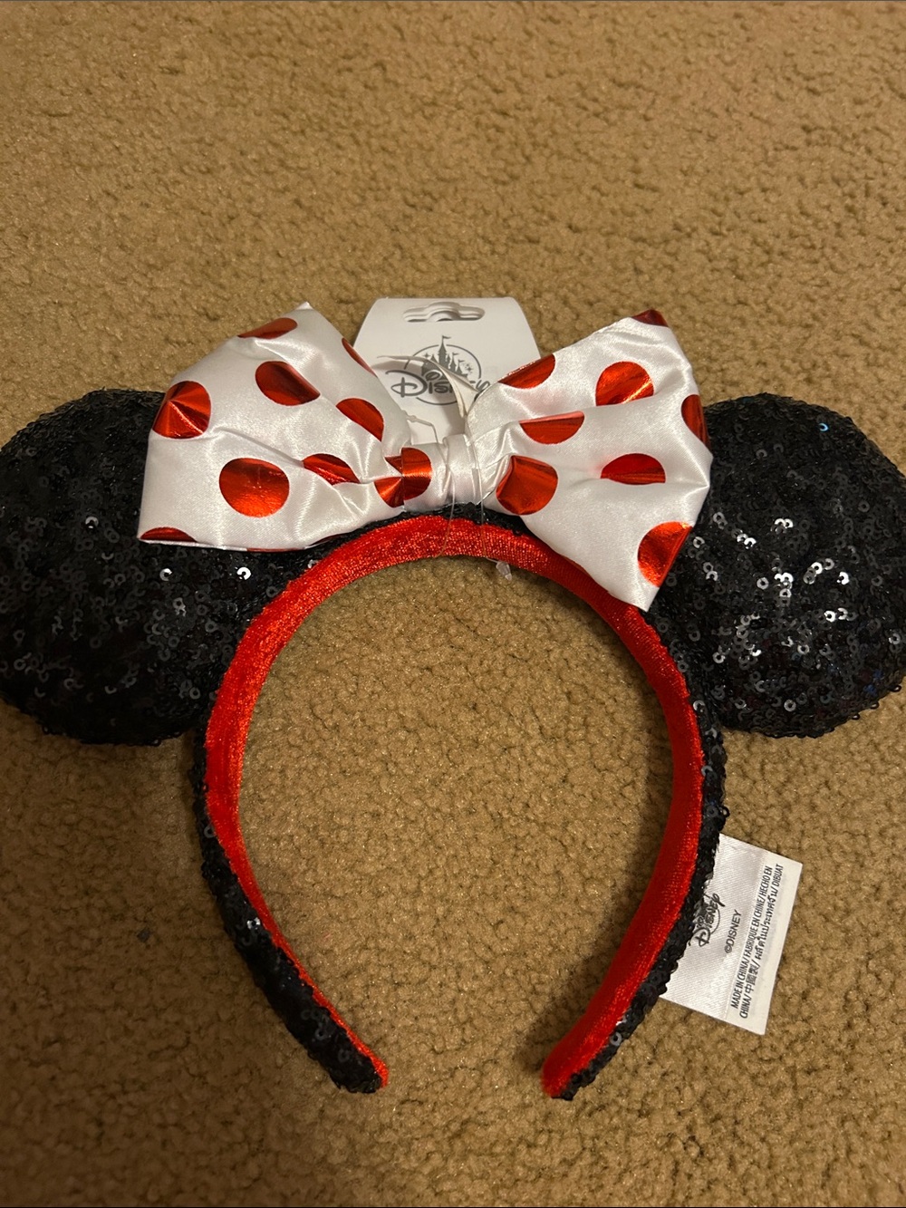 Disney Black Sequin Minnie Ears Headband with Red Polka Dot White Bow